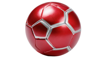 Red Soccer Ball: Close-up view of a shiny red soccer ball with white panels, isolated against a white background. It is perfect for sports-related designs and promotions.