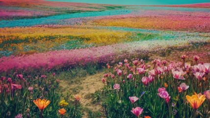Bright and unusual spring landscape with fantastic colors, blooming fields, abstract shapes, and a fairytale atmosphere — perfect as a background or backdrop.