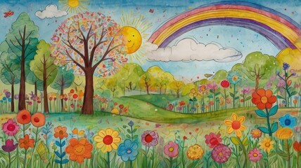 Bright and unusual spring landscape with fantastic colors, blooming fields, abstract shapes, and a fairytale atmosphere — perfect as a background or backdrop.