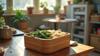 Healthy bowl of rice and green beans in sunlit kitchen with indoor plants