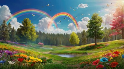 Bright and unusual spring landscape with fantastic colors, blooming fields, abstract shapes, and a fairytale atmosphere — perfect as a background or backdrop.