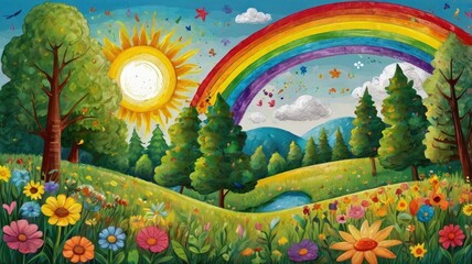 Bright and unusual spring landscape with fantastic colors, blooming fields, abstract shapes, and a fairytale atmosphere — perfect as a background or backdrop.