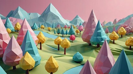 Bright and unusual spring landscape with fantastic colors, blooming fields, abstract shapes, and a fairytale atmosphere — perfect as a background or backdrop.
