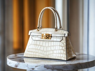 Elegant Crocodile Leather Handbag: A luxurious crocodile leather handbag stands majestically on a polished marble table, exhibiting fine craftsmanship and high fashion appeal. 