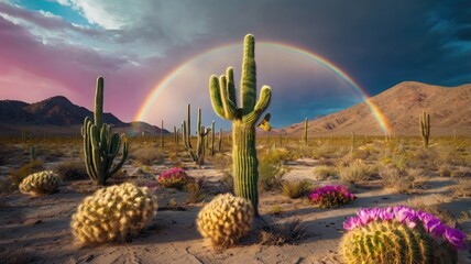 Bright and unusual spring landscape with fantastic colors, blooming fields, abstract shapes, and a fairytale atmosphere — perfect as a background or backdrop.