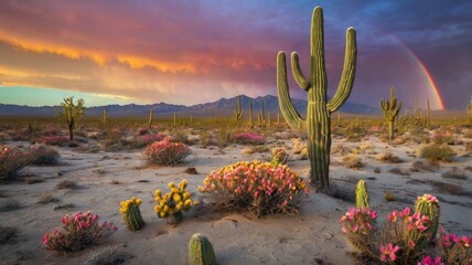 Bright and unusual spring landscape with fantastic colors, blooming fields, abstract shapes, and a fairytale atmosphere — perfect as a background or backdrop.