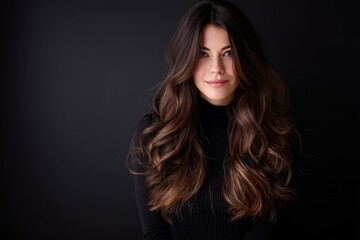 Fototapeta premium A Vogue style portrait provides a close-up of a beautiful woman with long curly tresses