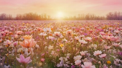Bright and unusual spring landscape with fantastic colors, blooming fields, abstract shapes, and a fairytale atmosphere — perfect as a background or backdrop.