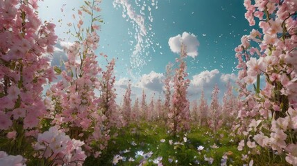 Bright and unusual spring landscape with fantastic colors, blooming fields, abstract shapes, and a fairytale atmosphere — perfect as a background or backdrop.