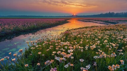 Bright and unusual spring landscape with fantastic colors, blooming fields, abstract shapes, and a fairytale atmosphere — perfect as a background or backdrop.