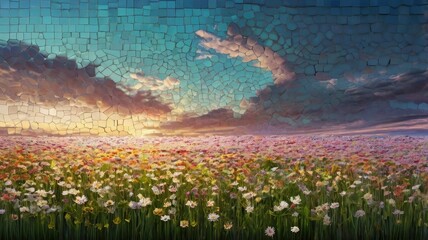 Bright and unusual spring landscape with fantastic colors, blooming fields, abstract shapes, and a fairytale atmosphere — perfect as a background or backdrop.