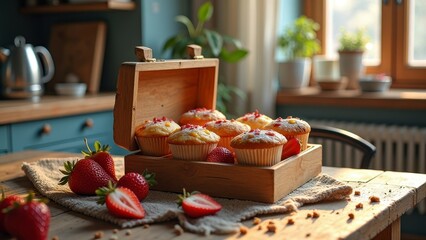 Rustic kitchen with freshly baked muffins and strawberries on wooden table