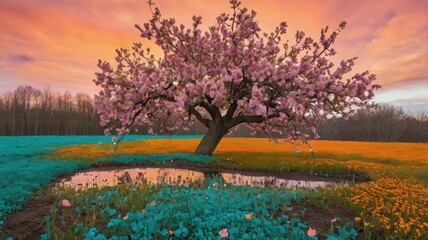 Bright and unusual spring landscape with fantastic colors, blooming fields, abstract shapes, and a fairytale atmosphere — perfect as a background or backdrop.