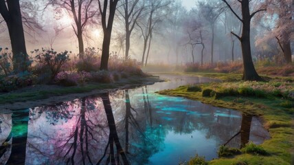 Bright and unusual spring landscape with fantastic colors, blooming fields, abstract shapes, and a fairytale atmosphere — perfect as a background or backdrop.