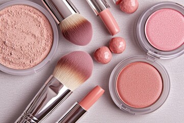 Decorative makeup and cosmetic products arranged in a frame, set against a beauty background