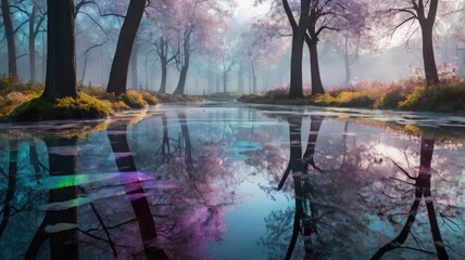 Bright and unusual spring landscape with fantastic colors, blooming fields, abstract shapes, and a fairytale atmosphere — perfect as a background or backdrop.