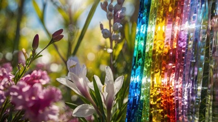 Bright and unusual spring landscape with fantastic colors, blooming fields, abstract shapes, and a fairytale atmosphere — perfect as a background or backdrop.