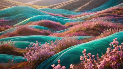 Bright and unusual spring landscape with fantastic colors, blooming fields, abstract shapes, and a fairytale atmosphere — perfect as a background or backdrop.