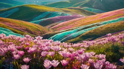 Bright and unusual spring landscape with fantastic colors, blooming fields, abstract shapes, and a fairytale atmosphere — perfect as a background or backdrop.