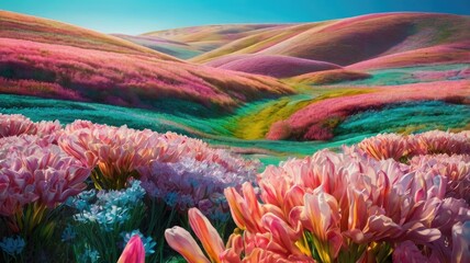 Bright and unusual spring landscape with fantastic colors, blooming fields, abstract shapes, and a fairytale atmosphere — perfect as a background or backdrop.