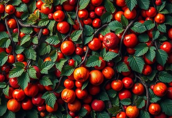 Intricate vine pattern overlaid with vibrant fruit, creating a surreal abstract image, green, exotic