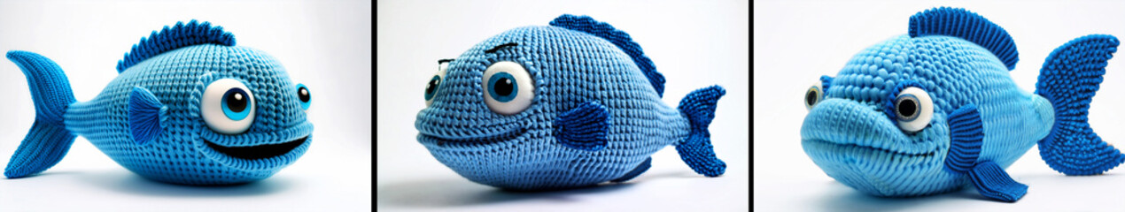 Close-up of a Cute Smiling Blue Knitted Fish on white background looking away with his big eyes. Collection and variation. Generative Ai.