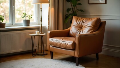 Obraz premium An inviting leather armchair sits in a sunlit living room, surrounded by plants and decor.