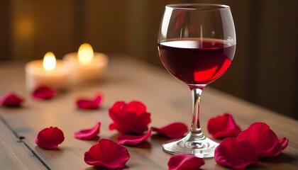 A glass of wine sits with scattered rose petals and candles, creating a romantic scene.