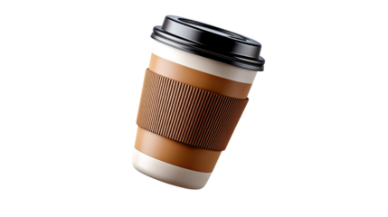 Takeaway Coffee Delight: A single takeaway coffee cup, featuring a thermal sleeve for handling, awaits the coffee lover, promising a moment of warmth and energy. 