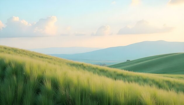A breathtaking view of rolling green hills under a soft and cloudy sky at daytime.