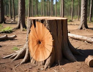 stump from a cut tree. Pine tree forestry exploitation in a sunny day. overexploitation leads to deforestation endangering environment and sustainability. deforestation, selective focus.