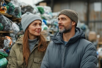 A couple enjoys a winter day together at a recycling facility surrounded by piles of materials