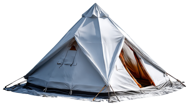 Camping Tent: A solitary white tent pitched outdoors, exuding a sense of peaceful adventure and inviting exploration of the natural world.