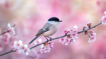 Fototapeta premium Bird on Cherry Blossom Branch, Spring Garden