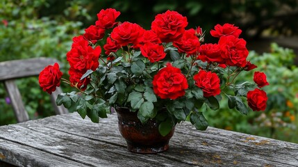 Crimson roses in a terracotta pot on a weathered wooden table. Lush blooms fill the pot, creating a vibrant display in a garden setting