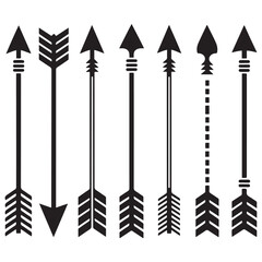 Hipster arrows. Arrows in boho style. Tribal arrows. Set of Indian style arrows. Rustic decorative arrows. Vector Black silhouettes. with white background