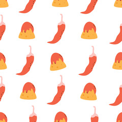 cute cartoon mexican food seamless vector pattern background illustration with nachos and chili peppers	