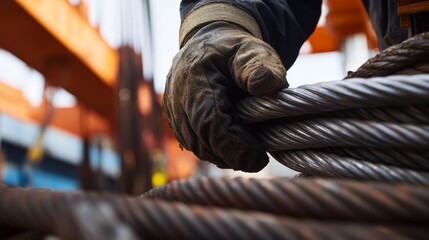 Rigger adjusting steel cables for a crane lift at a job site. Featuring precision and teamwork
