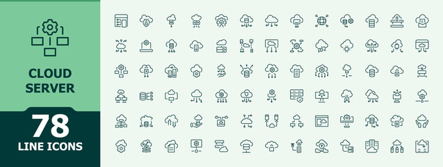 Cloud Server icon set. Trendy minimal icons. Includes symbols for database, computing, storage, server, technology, network, cloud and more. Hosting icon. Pixel perfect. Editable vector.