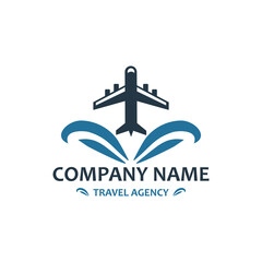 Obraz premium A logo for a travel agency featuring an airplane with dynamic elements that resemble blue water waves. This design is suitable for businesses in the tourism, aviation, and travel services sectors.
