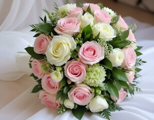 Stylish wedding bouquet bride of pink roses, white carnation and green flowers and greens with ribbons lying. Close up. Side view. Wedding decor. Artwork. beautiful wedding bouquet
