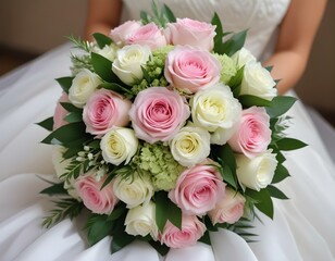 Obraz premium Stylish wedding bouquet bride of pink roses, white carnation and green flowers and greens with ribbons lying. Close up. Side view. Wedding decor. Artwork. beautiful wedding bouquet