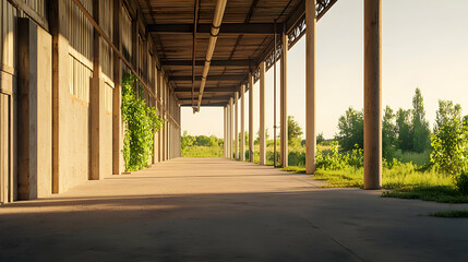 Abandoned Industrial Building Exterior Path Under Sunlight