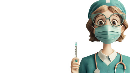 Png of Cheerful female cartoon nurse holding a syringe, wearing scrubs and glasses, symbolizing healthcare and vaccination.