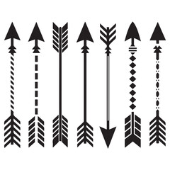 Hipster arrows. Arrows in boho style. Tribal arrows. Set of Indian style arrows. Rustic decorative arrows. Vector Black silhouettes. with white background