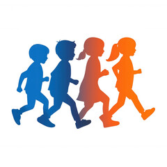 Colorful silhouette of children walking, representing movement and growth. Ideal for themes of childhood, activity, and progression. Suitable for various lifestyle projects.