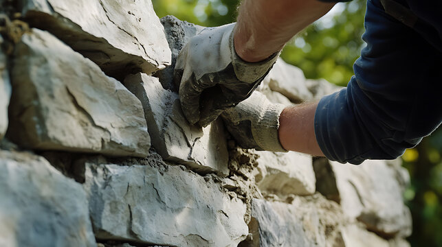 Mason repairing cracked stone wall in a park. Featuring stone repair and preservation work