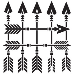 Hipster arrows. Arrows in boho style. Tribal arrows. Set of Indian style arrows. Rustic decorative arrows. Vector Black silhouettes. with white background