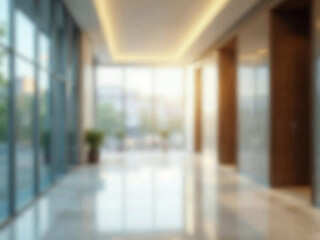 Cool Blurred hotel or office building lobby blur background interior view toward reception hall modern luxury white room space with blurry corridor and building glass wall window : Generative AI