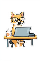 cartoon dog with glasses sitting at a desk with laptop, coffee mug, very focused expression, sticker